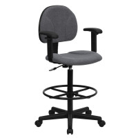 Flash Furniture Gray Fabric Ergonomic Drafting Stool with Arms (Adjustable Range 26’’-30.5’’H or 22.5’’-27’’H) BT-659-GRY-ARMS-GG